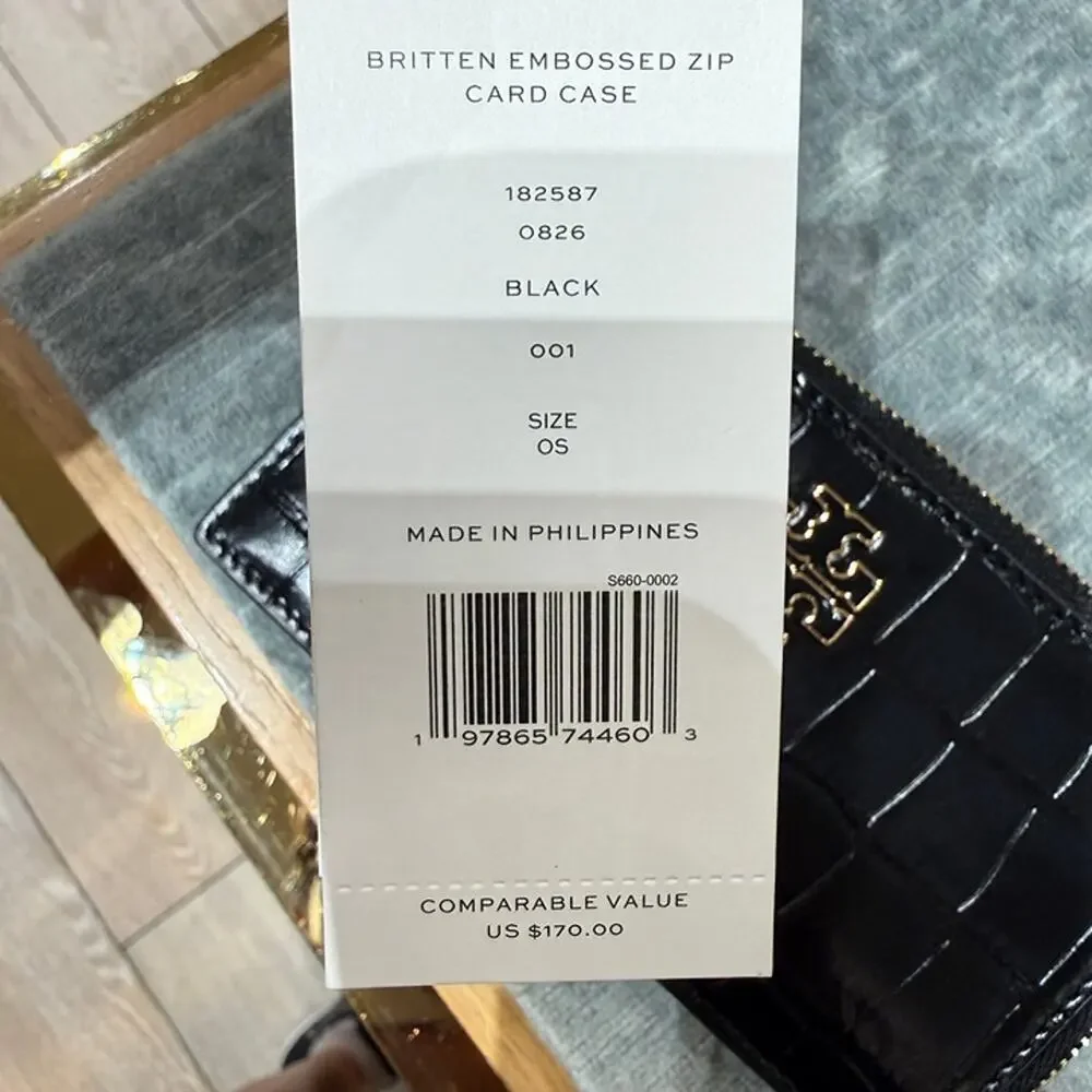 New‼️Tory Burch Britten Embossed Zip Card Case 182587 Black $170